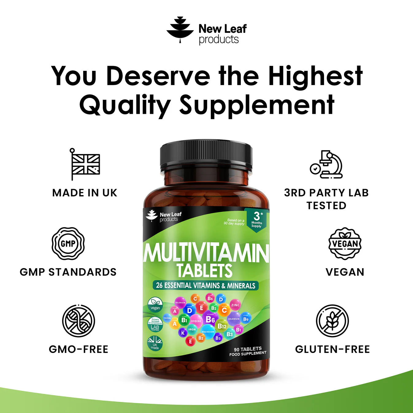New Leaf - Multivitamin Supplements & Minerals - 26 Essential Vegan Vitamins - 3 Months Supply