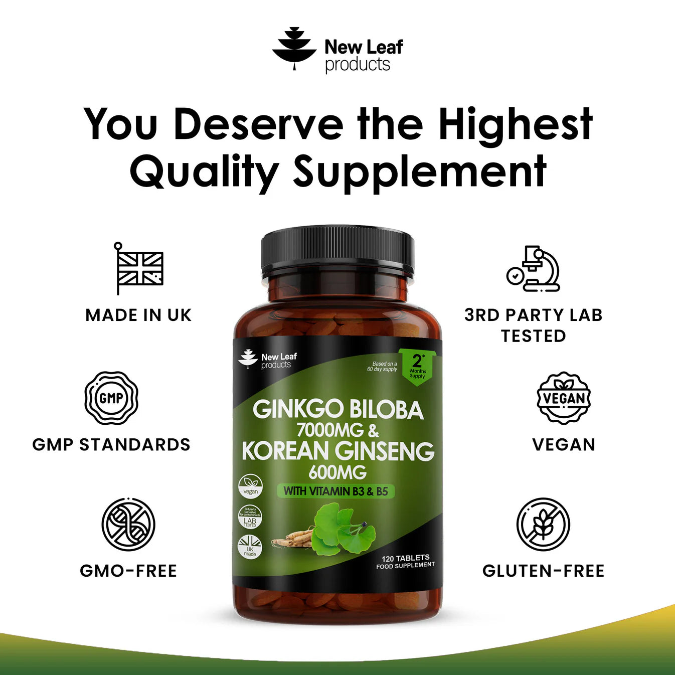 New Leaf - Ginkgo Biloba 7000mg & Korean (Panax) Ginseng - 2 Months Supply