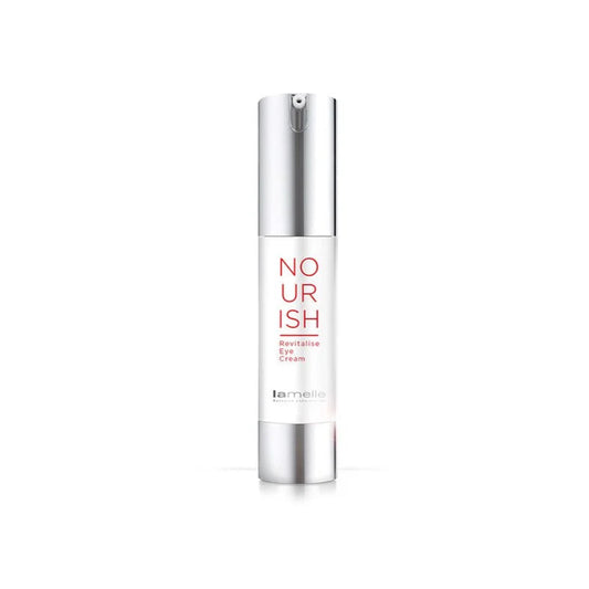 Skincare bottle labeled 'Nourish' on a white background