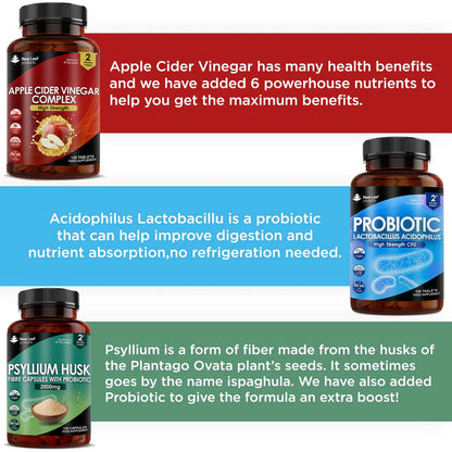 New Leaf - Gut Health Supplements Bundle - Psyllium Husk Fibre, Probiotic, Apple Cider Complex
