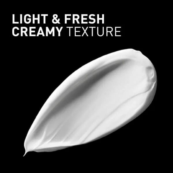 White cream smear on a black background with text 'Light & Fresh Creamy Texture'.