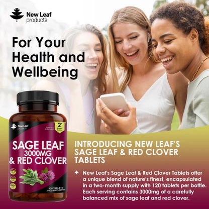 New Leaf - Sage Leaf & Red Clover Tablets For Menopause - 120 High Strength 3000mg Perimenopause Supplements